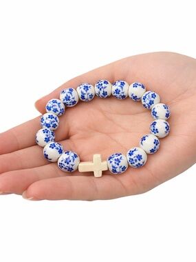 Blue & White Ginger Jar Porcelain Bead Bracelet Cross Charm NWT
